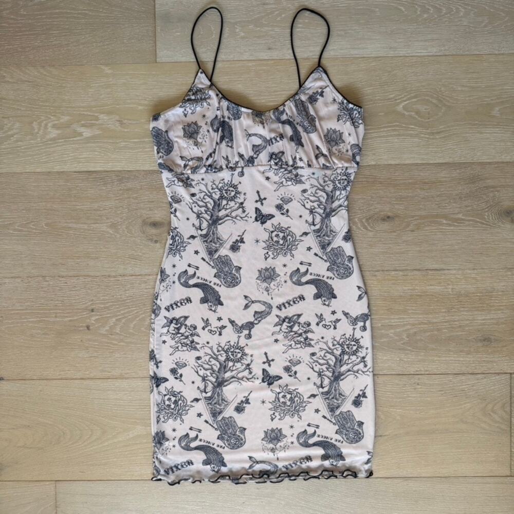 Bear Dance Y2K Tattoo Flash Print Mesh Slip Mini Dress Whimsygoth Lettuce Hem L